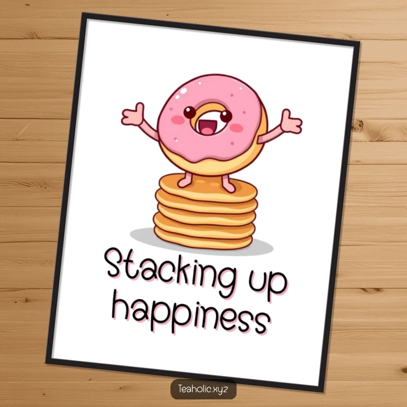Funny poster showcasing a cheerful donut with legs bouncing on a stack of pancakes, adding artistic breakfast humor to any room.