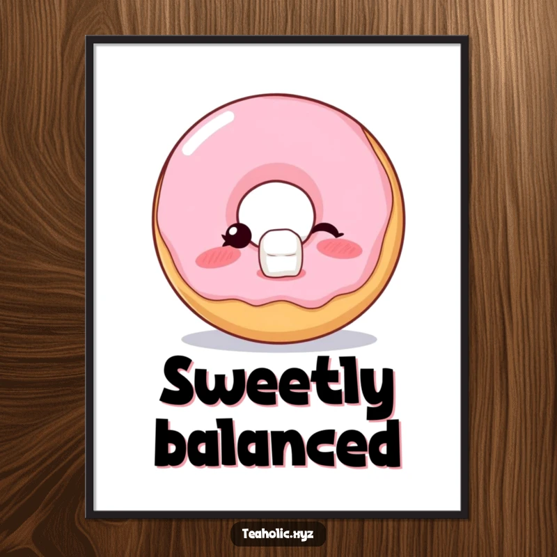 Funny Poster of a blushing donut winking while balancing a sugar cube, adding a touch of playful charm to any wall.