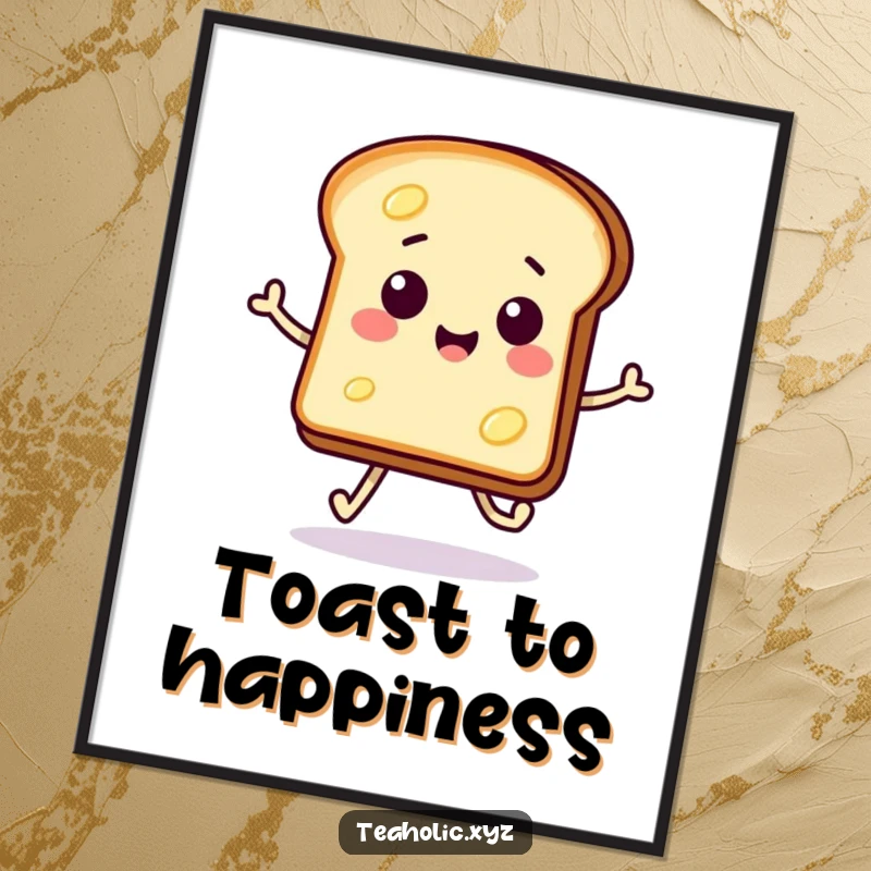 Funny poster featuring a smiling, buttered toast slice doing a happy hop-skip, bringing morning cheer.