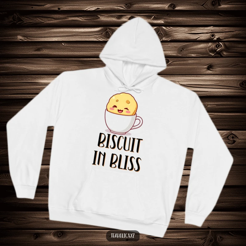Funny hoodie displaying a winking biscuit with a wide smile floating in a mug, offering warmth and a humorous aesthetic.