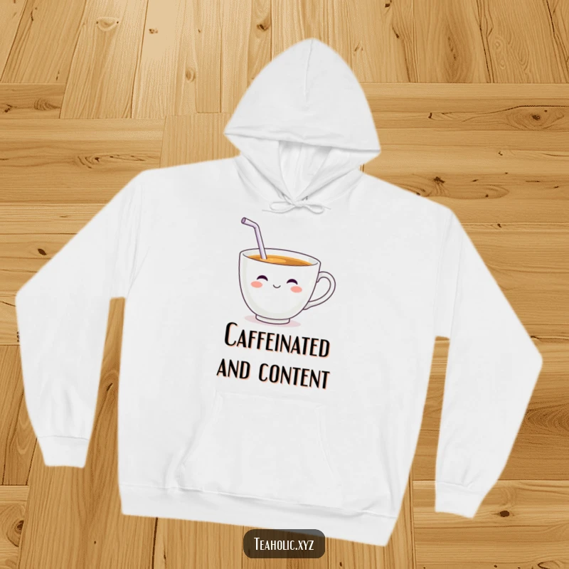 Funny Teacup Character Hoodie: A smiling teacup with a tiny, wiggling straw taking a big sip, cozy and fun.