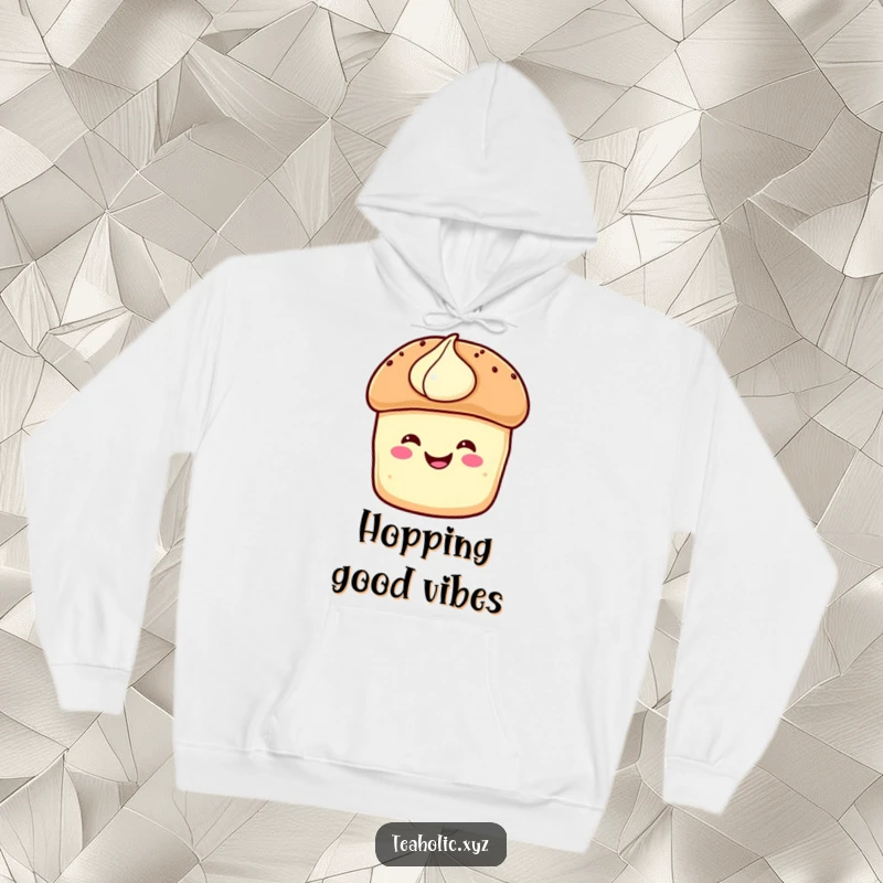 Funny Hoodie: A smiling scone with cream hops happily, bringing cozy cheer to this comfortable and warm wearable.