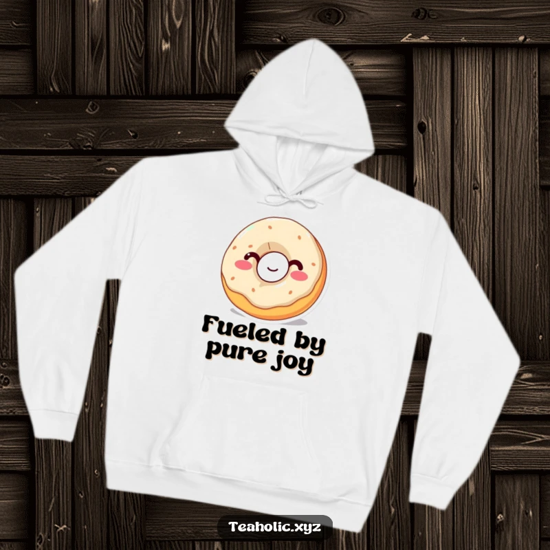 Funny Donut Hoodie: A wobbly donut with a happy face takes a big sip, exuding pure, sweet contentment.