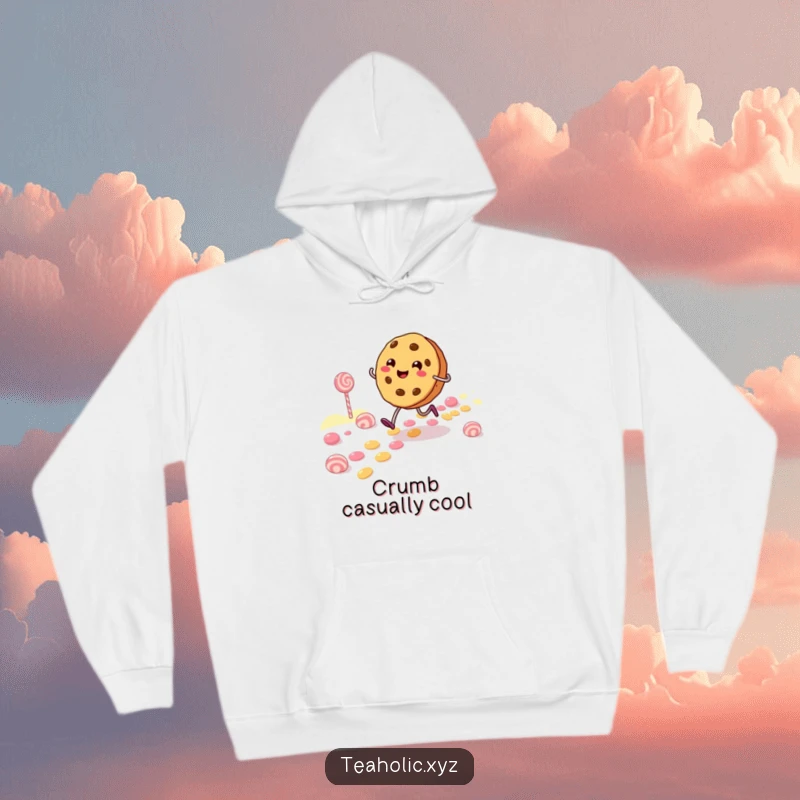 Funny Hoodie with a cheerful cookie character skipping along a candy path, offering cozy comfort and sweet joy.