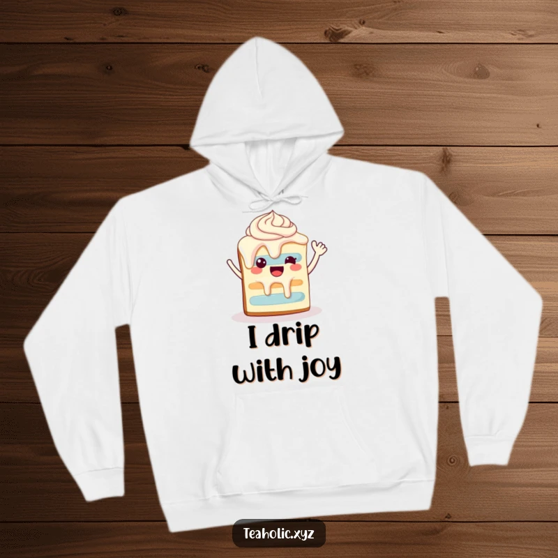 Funny happy slice of cake with dripping frosting, waving enthusiastically, featured on a cozy hoodie.
