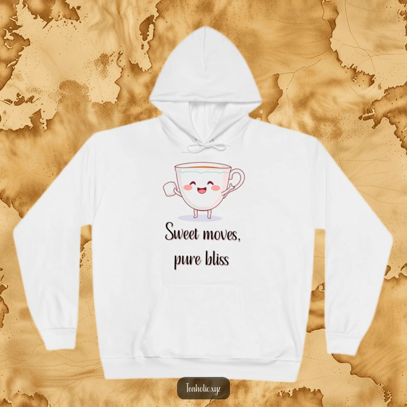 Funny hoodie featuring a smiling teacup with arms dancing intimately with a sugar cube, creating a heartwarming and humorous visual.