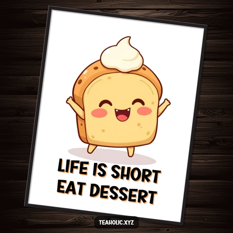 Funny Free Printable Wall Art: A delighted scone with a generous dollop of cream bounces joyfully, spreading happiness.