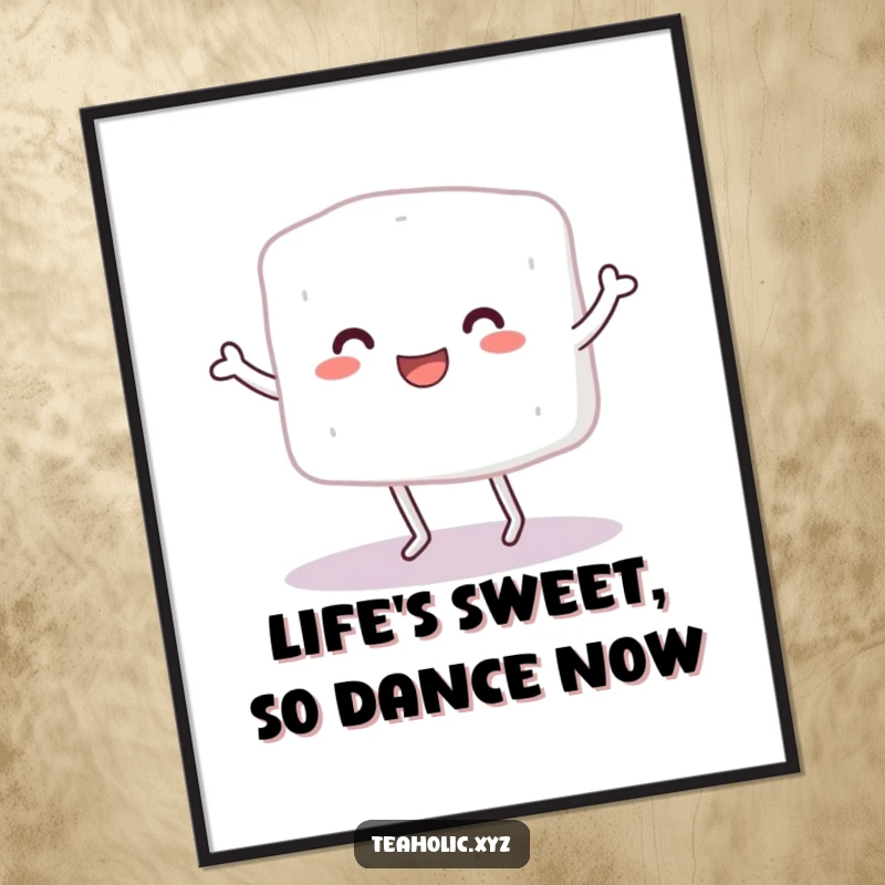 Funny Free Printable sugar cube character dancing with tiny legs, whimsical wall art, downloadable art.