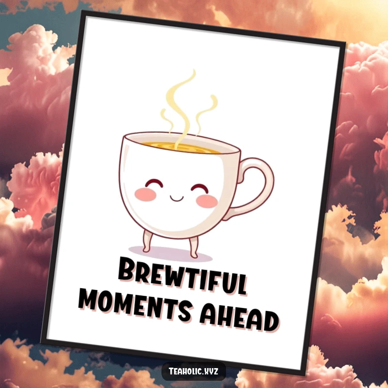 Funny Free Printable Wall Art: A smiling teacup with tiny legs cheerfully pours steaming liquid, creating a cozy atmosphere.