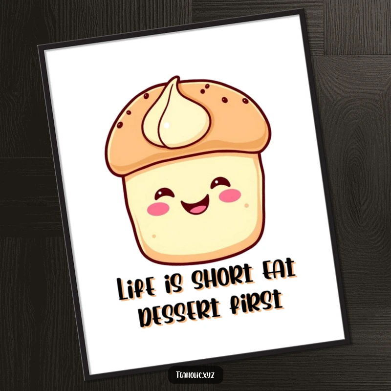 Funny Free Printable Wall Art: A delighted scone with cream hops joyfully, bringing whimsical charm.