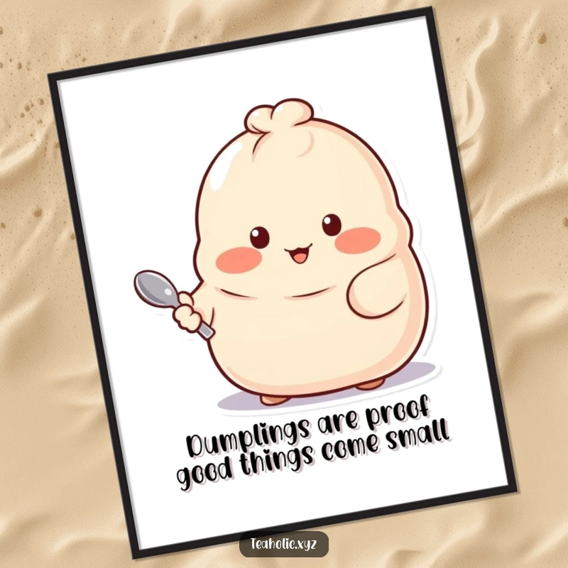 Funny Free Printable Wall Art featuring a proud dumpling with rosy cheeks holding a tiny spoon, adding cute vibes.