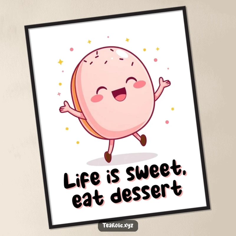 Funny Free Printable Wall Art: A delighted macaroon doing a happy dance with sparkly sprinkles, a vibrant and fun piece of downloadable art.