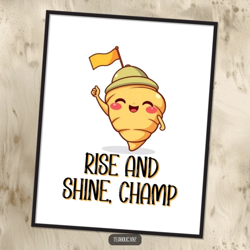 Funny Free Printable Wall Art: Giggling croissant wearing a jaunty cap, waving a tiny flag with a playful spirit.