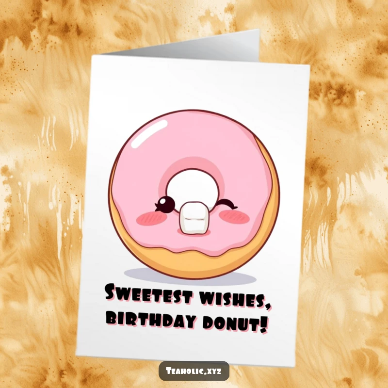 Funny Free Printable Birthday Card: A blushing donut winking playfully while perfectly balancing a tiny, precarious sugar cube on its top.