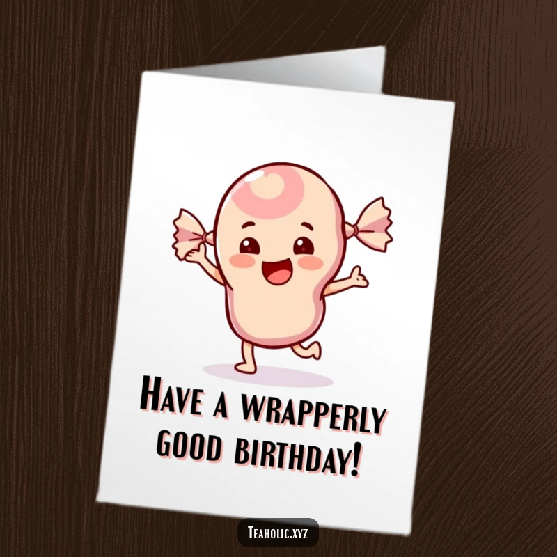 Funny Free Printable Birthday Card showing a cheerful candy with its wrapper dancing energetically, spreading party vibes.