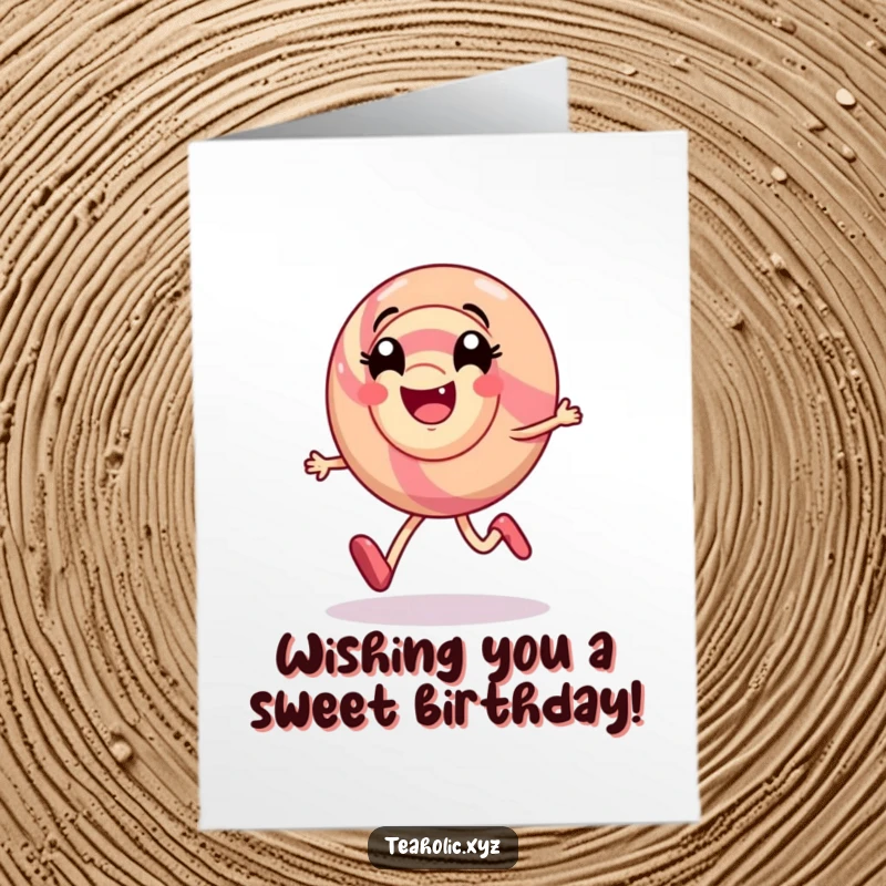 Funny Free Printable Birthday Card of a smiling candy character happily skipping with a visible swirl of pure delight.