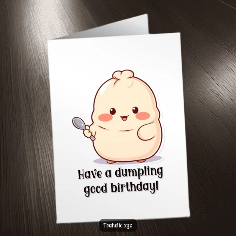 Funny Free Printable Birthday Card featuring a proud dumpling with rosy cheeks holding a tiny spoon, ready to celebrate.
