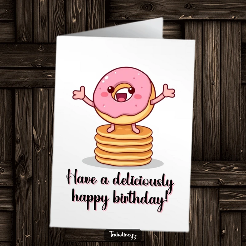 Funny Free Printable Birthday Card: A cheerful donut with legs joyfully bounces atop a stack of pancakes.