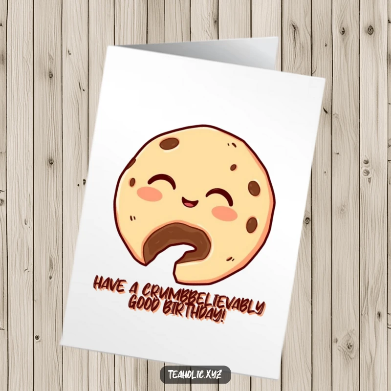 Funny Free Printable Birthday Card: A giggling cookie with a bite taken out generously offers a crumb to a friend.