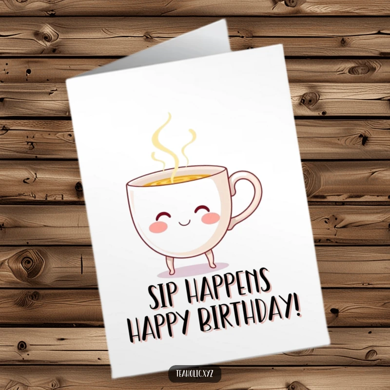 Funny Free Printable Birthday Card: A smiling teacup with tiny legs cheerfully pours steaming brown liquid, radiating warmth.