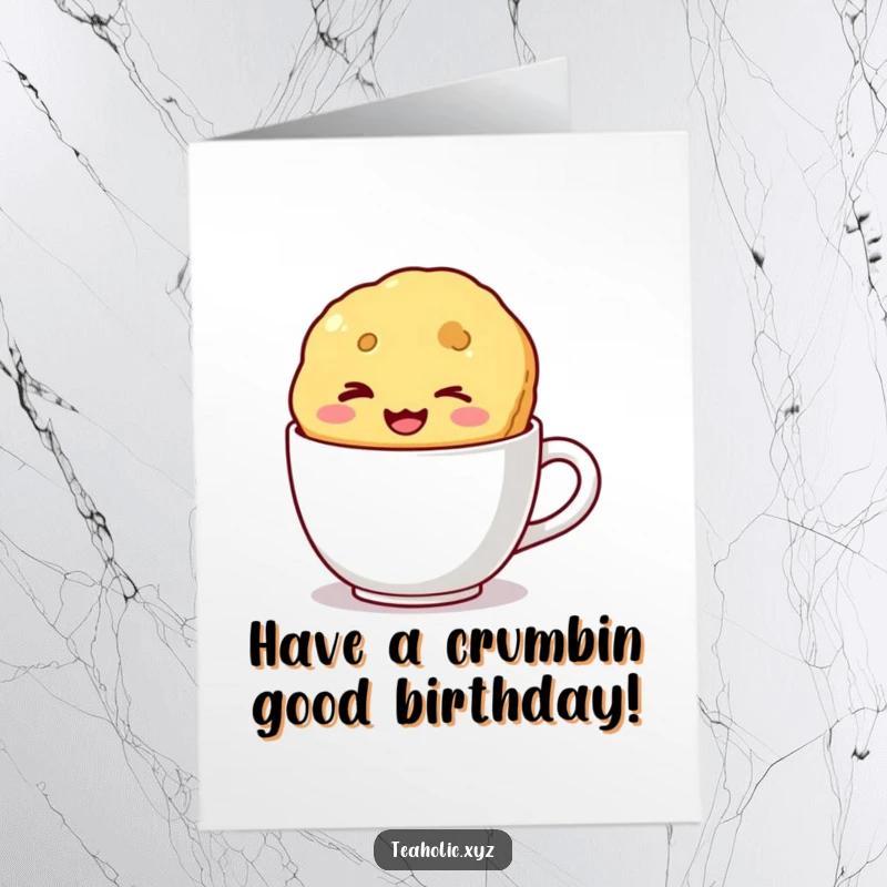 Funny Free Printable Birthday Card: A winking biscuit with a wide smile floats happily inside a coffee mug.