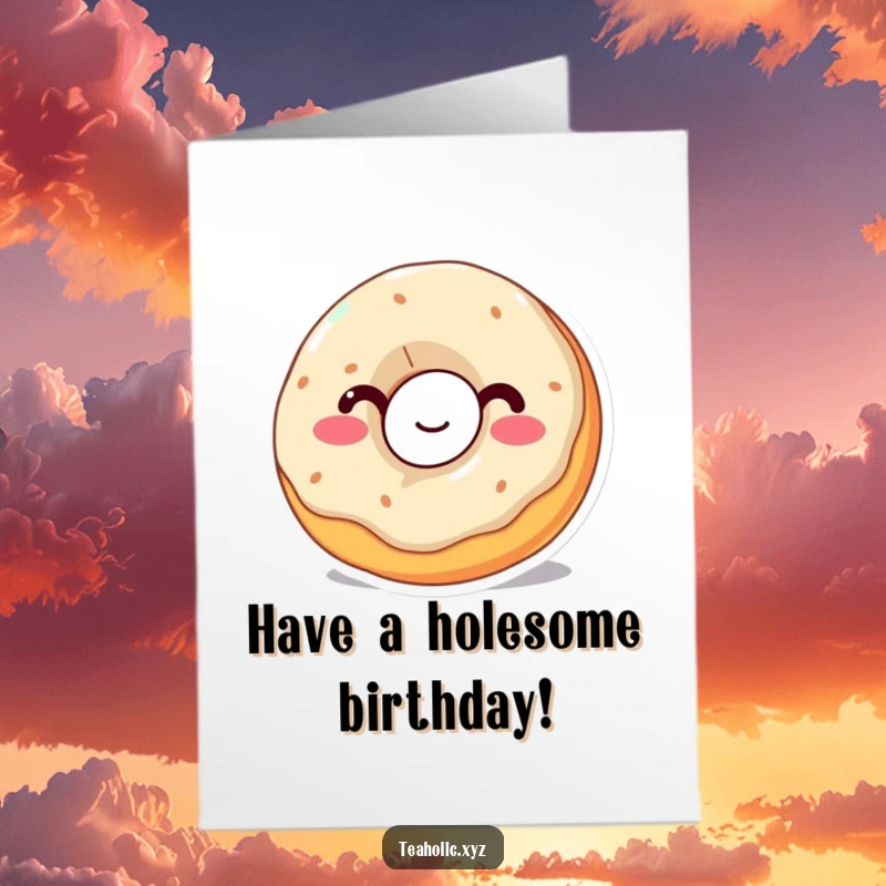 Funny Free Printable Birthday Card: A wobbly donut with a happy expression takes a big sip from a cup, looking delighted.