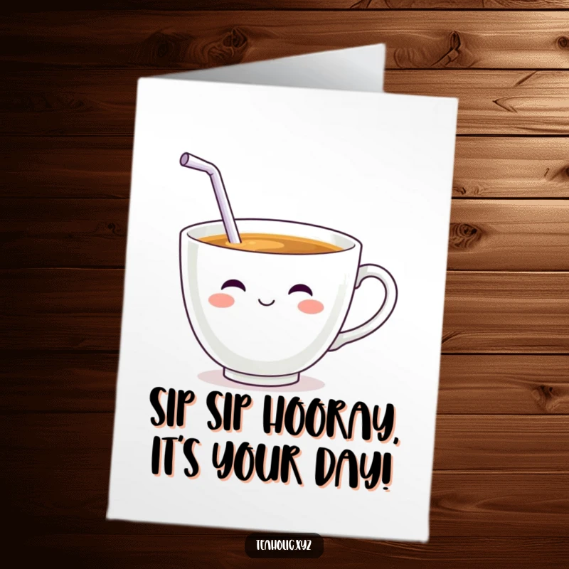 Funny Free Printable smiling teacup with a wiggling straw taking a big sip, ideal for a birthday card.
