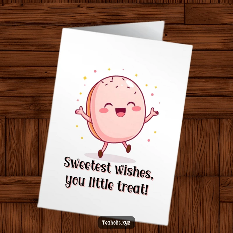 Funny Free Printable Birthday Card: A delighted macaroon doing a happy dance with sparkly sprinkles, an energetic and cheerful DIY greeting.