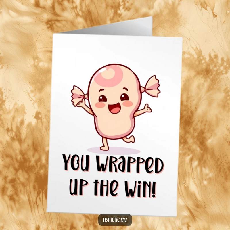 Funny Free Printable Congratulations Card of a cheerful candy with its wrapper dancing energetically, celebrating achievements.