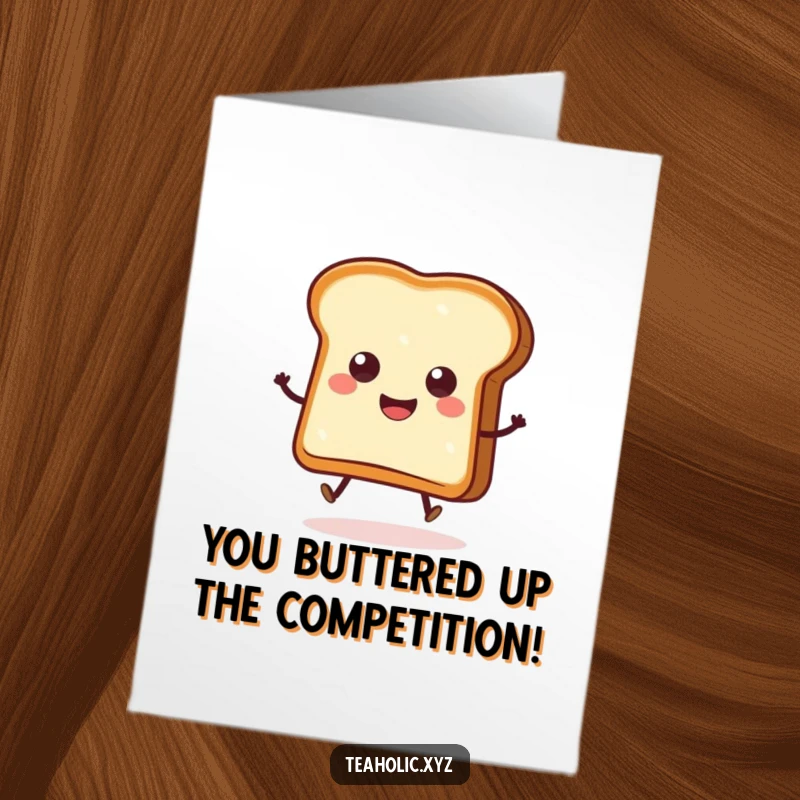Funny Free Printable Congratulations Card featuring a smiling, hopping slice of toast with butter, celebrating achievements.