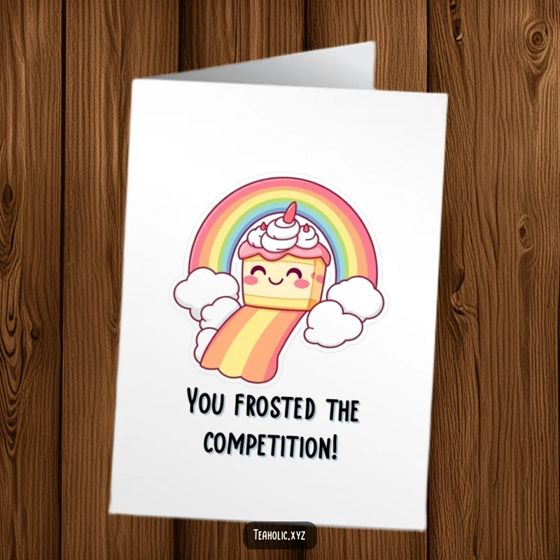 Funny Free Printable Congratulations Card of a grinning cake sliding joyfully down a rainbow, celebrating success.