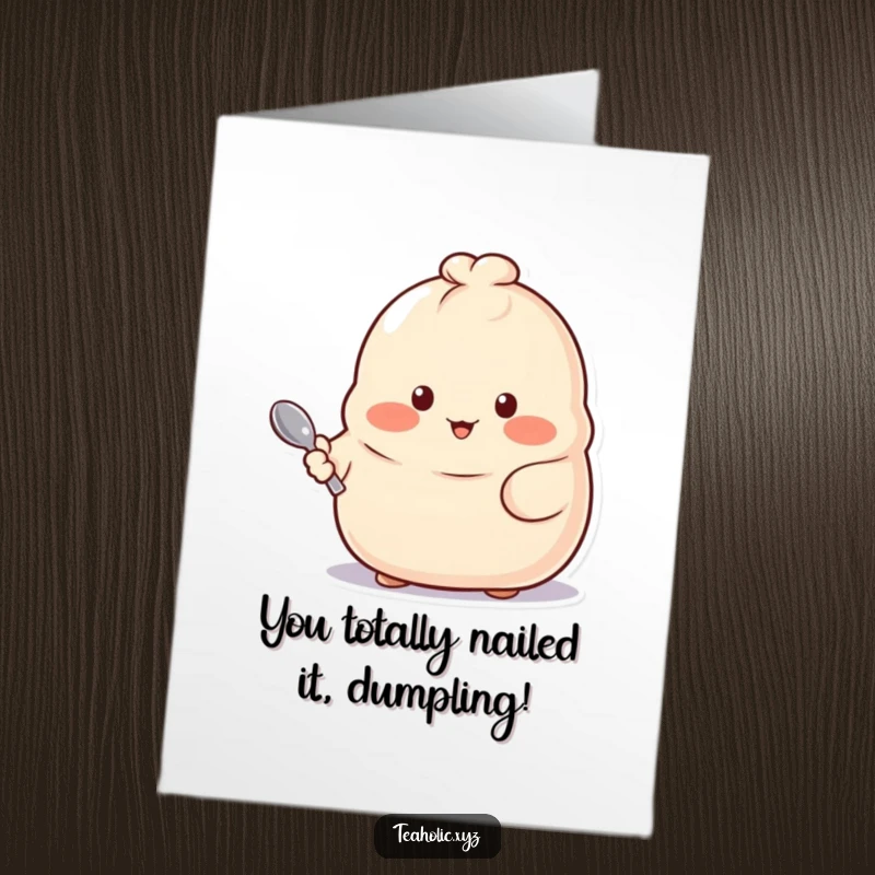 Funny Free Printable Congratulations Card showing a proud dumpling with rosy cheeks holding a tiny spoon, celebrating wins.