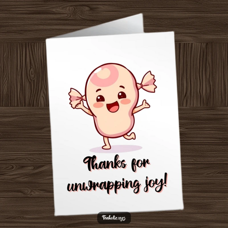 Funny Free Printable Thank You Card featuring a cheerful candy with its wrapper dancing energetically, sending thanks.