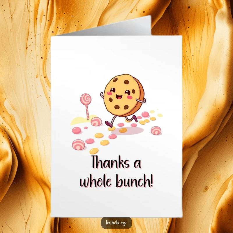 Funny Free Printable Thank You Card: A cheerful cookie character skipping along a candy path, conveying sweet and happy gratitude.