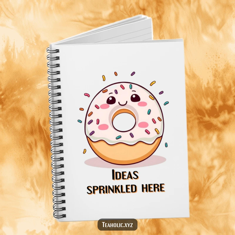 Funny donut character joyfully raining sprinkles on the cover of a lined notebook.