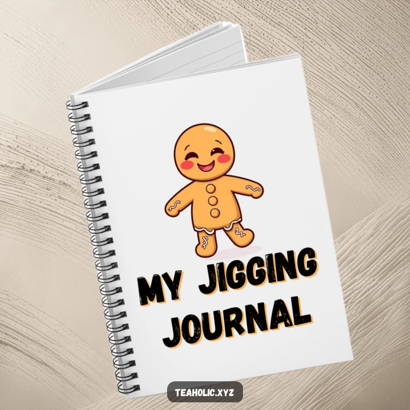 Funny notebook cover with a giggling gingerbread man performing a silly dance with his tiny legs, great for journaling.