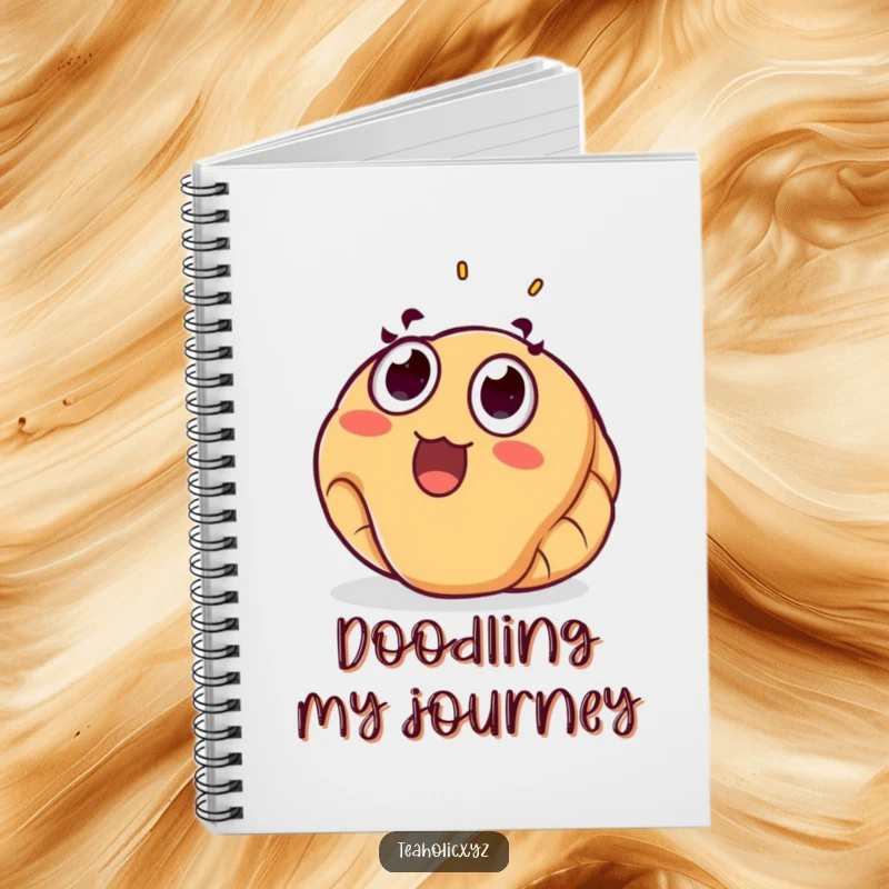 Funny croissant notebook with a surprised pastry floating joyfully upwards, perfect for notes and creative writing.