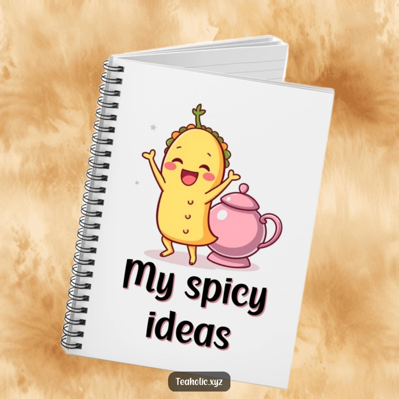 Funny taco character doing a delightful shimmy next to a teapot, on the cover of a humorous notebook.