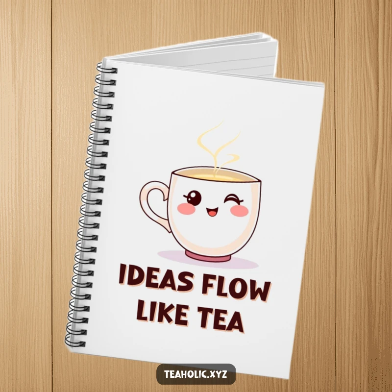 Funny notebook featuring a smiling teacup character happily pouring a stream of steaming liquid.