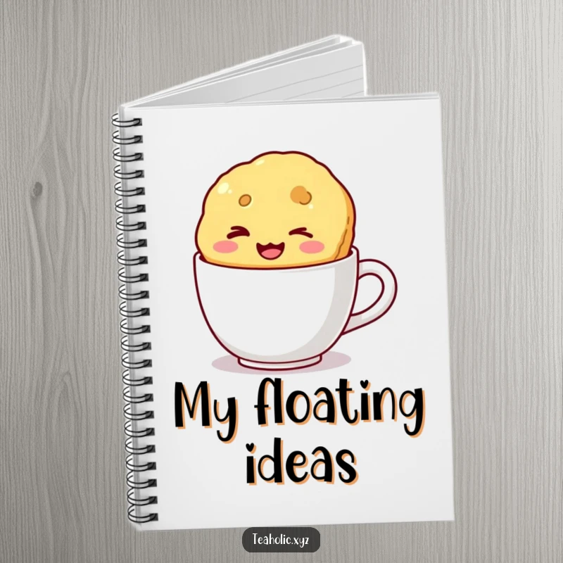 Funny notebook featuring a winking biscuit with a wide smile floating in a mug, perfect for jotting down notes with a playful touch.