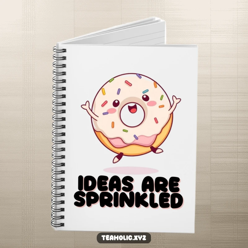 Funny Notebook cover featuring a happy donut with sprinkles, joyfully jumping, ready to capture your sweet ideas.