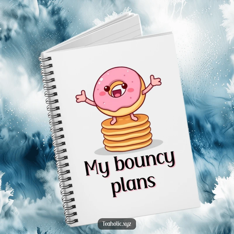 Funny notebook showcasing a cheerful donut with legs bouncing on pancakes, ideal for writing notes and doodles with breakfast joy.
