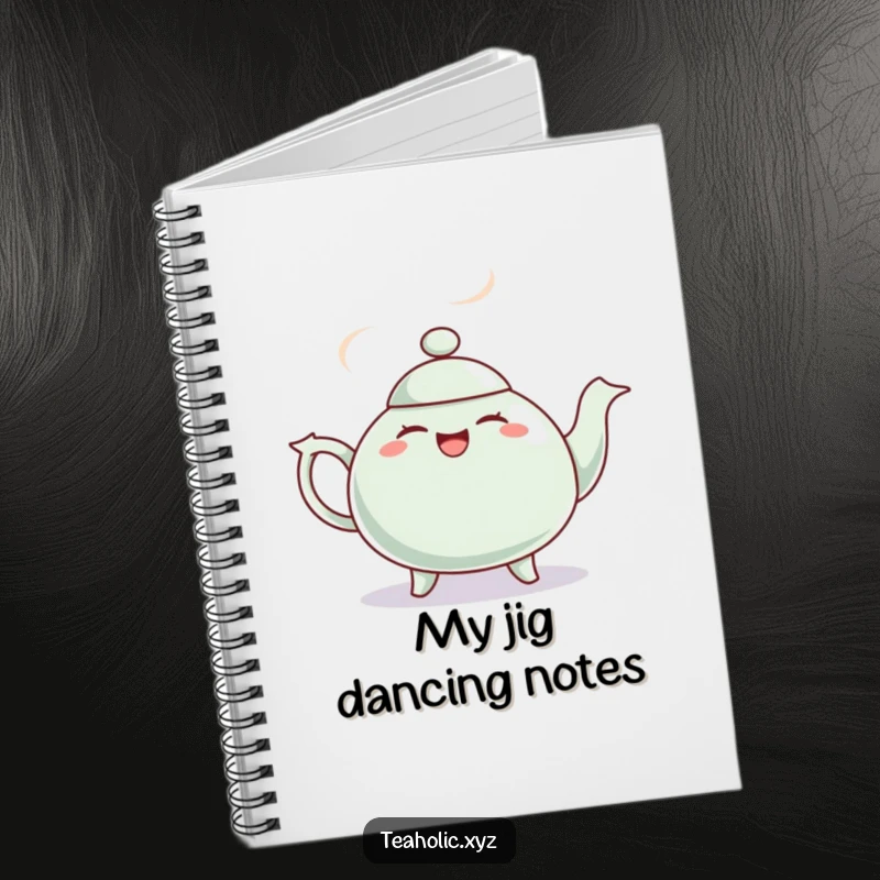 Funny notebook featuring a giggling teapot with steam puffs dancing a jig, ideal for jotting down notes with cheerful energy.