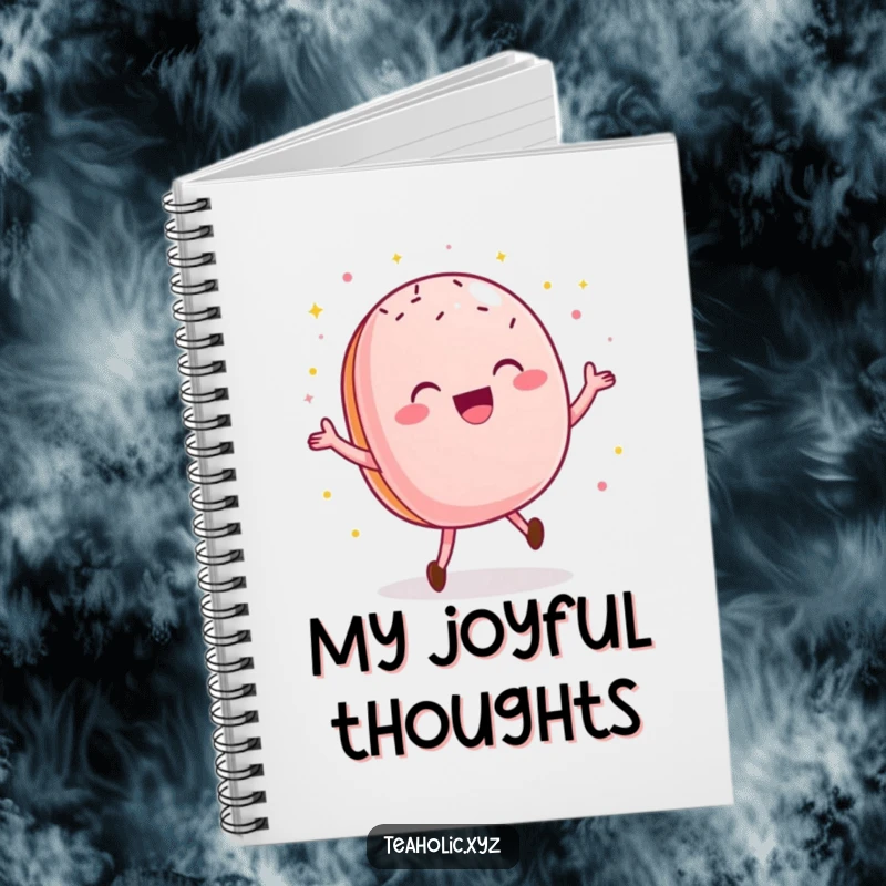 Funny macaroon notebook with a delighted pastry doing a happy dance and sprinkles, ideal for notes.