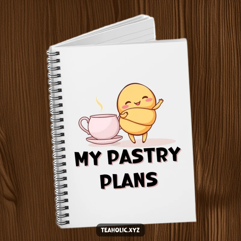 Funny croissant notebook with a giggling croissant doing a graceful twirl beside a teapot, perfect for notes and creative inspiration.
