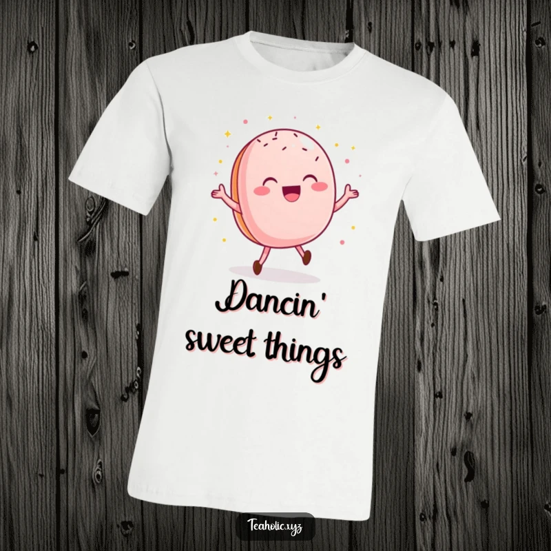Funny macaroon t-shirt depicting a delighted pastry doing a happy dance with sprinkles, great for dessert lovers.