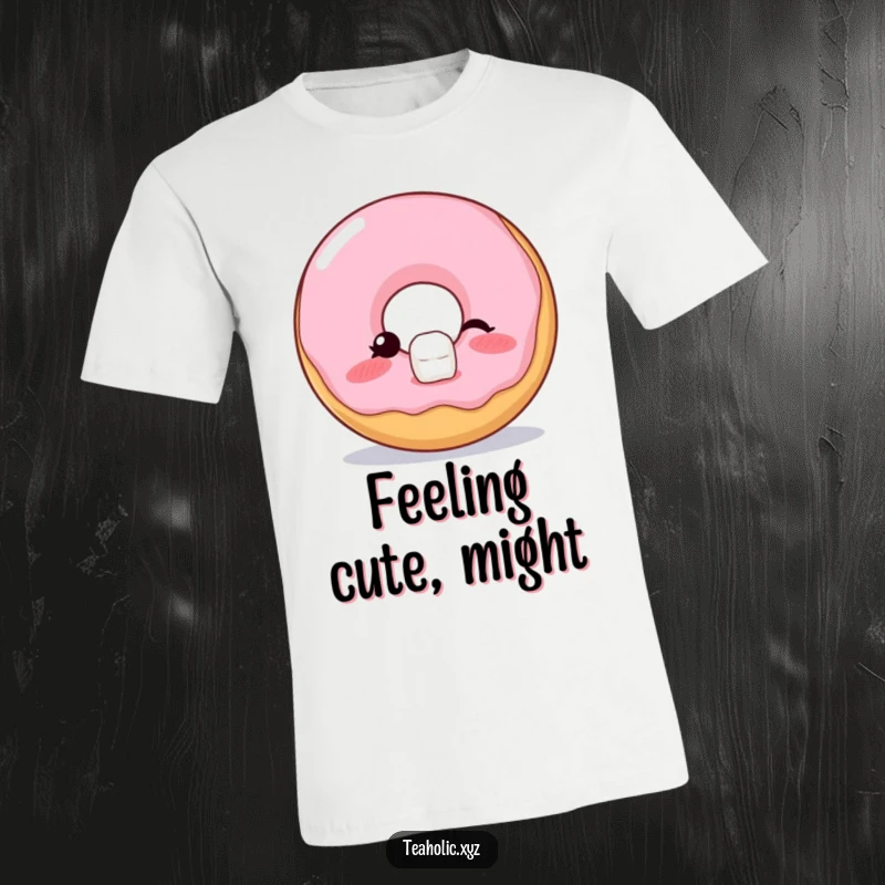 Funny T-Shirt depicting a blushing donut winking with a sugar cube balanced, radiating playful confidence and sweetness.