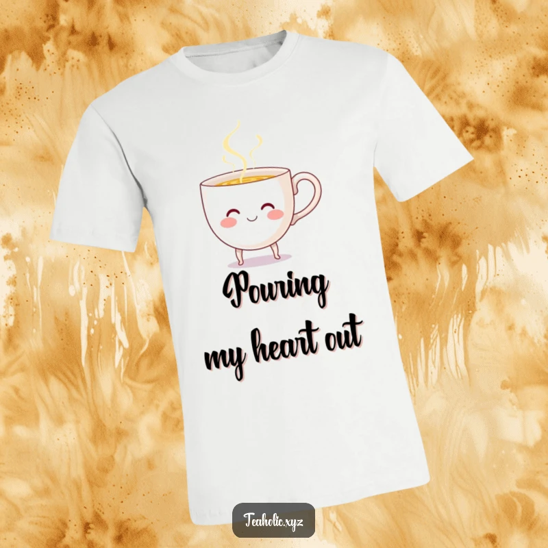 Funny Teacup T-Shirt: A smiling teacup with little legs happily pours hot liquid, radiating warmth and playful energy.