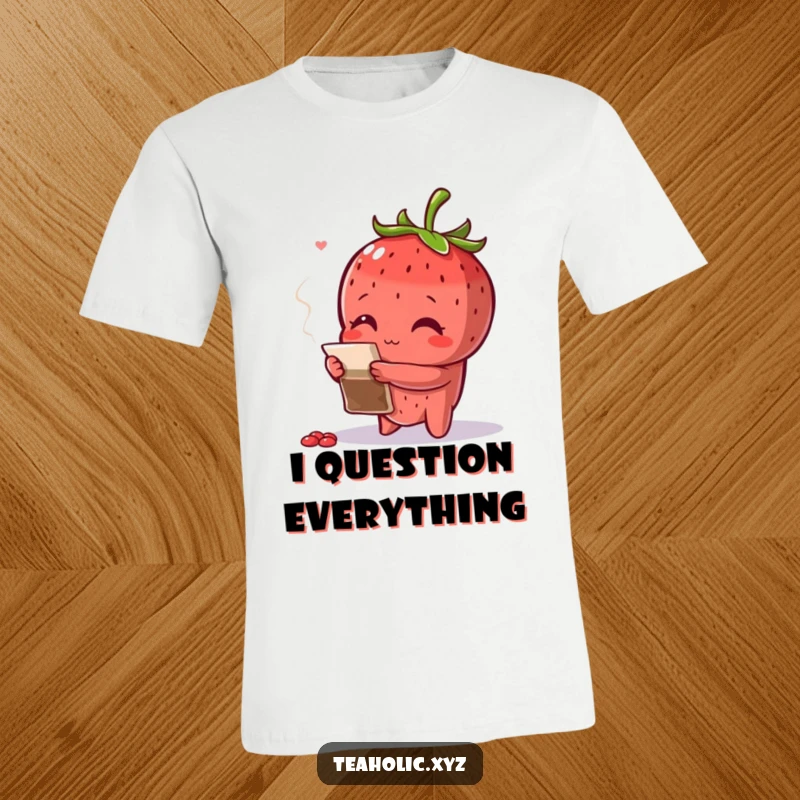 Funny curious strawberry with arms crossed, inspecting a teabag, creating a contemplative and humorous t-shirt.