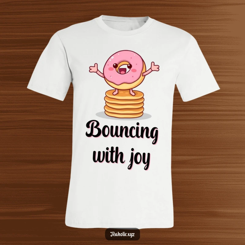Funny t-shirt with a cheerful donut on legs enthusiastically bouncing on a pancake stack, celebrating breakfast fun.